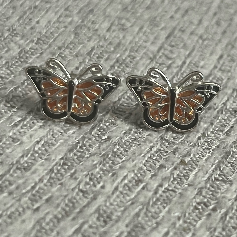 Vintage Zarah signed silver tone black & orange monarch butterfly stud earrings